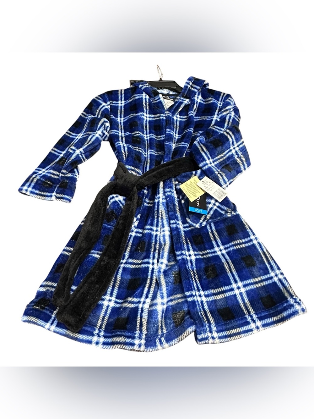 NWT Cuddl Duds Boys Plush Hooded Robe Blue Black Plaid Belted Size Medium 8/10